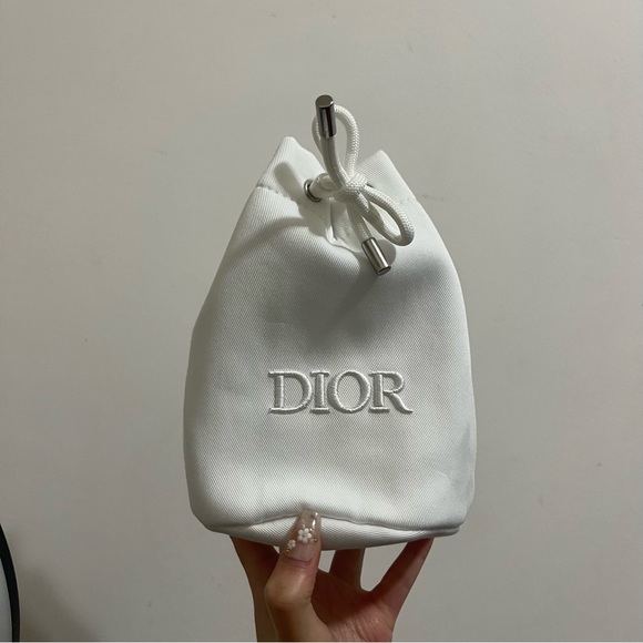 Dior Handbags - Dior White Twill Drawstring Pouch Makeup Bucket Bag Logo New 4.5x7x4 Bea…